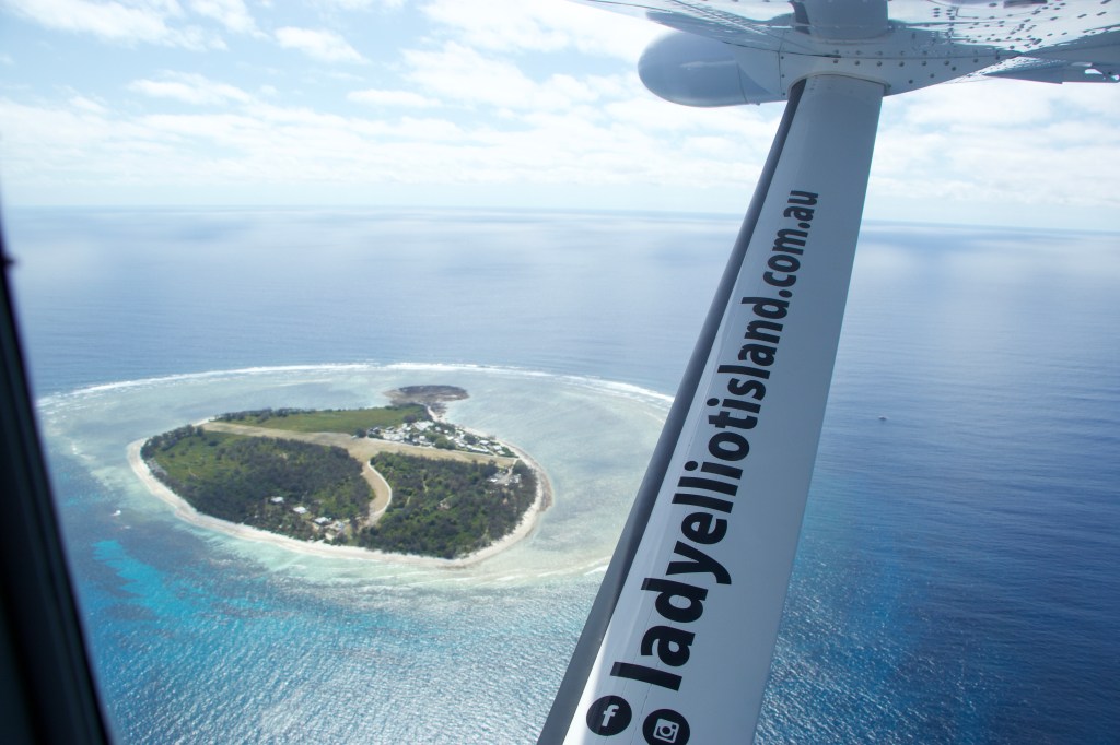 Aerial view of lady elliot island from the plane, showing the wing of the plane in view with ladyelliotisland.com.au.