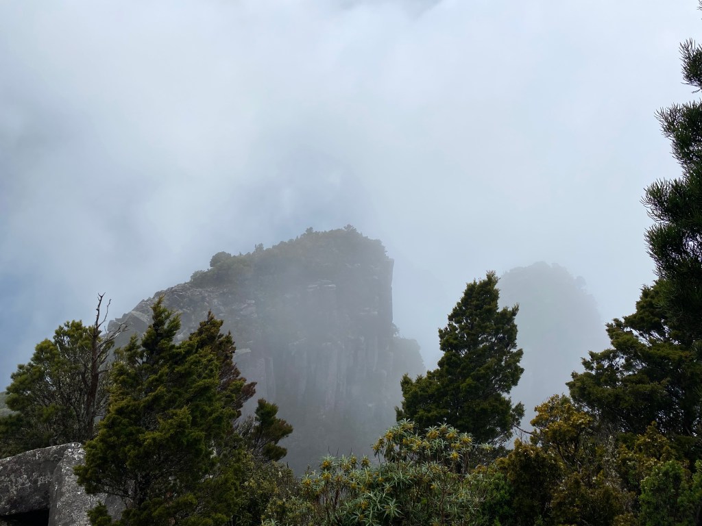 Moody clouds lowering over the dolerite summits surrounded by shrubbery.