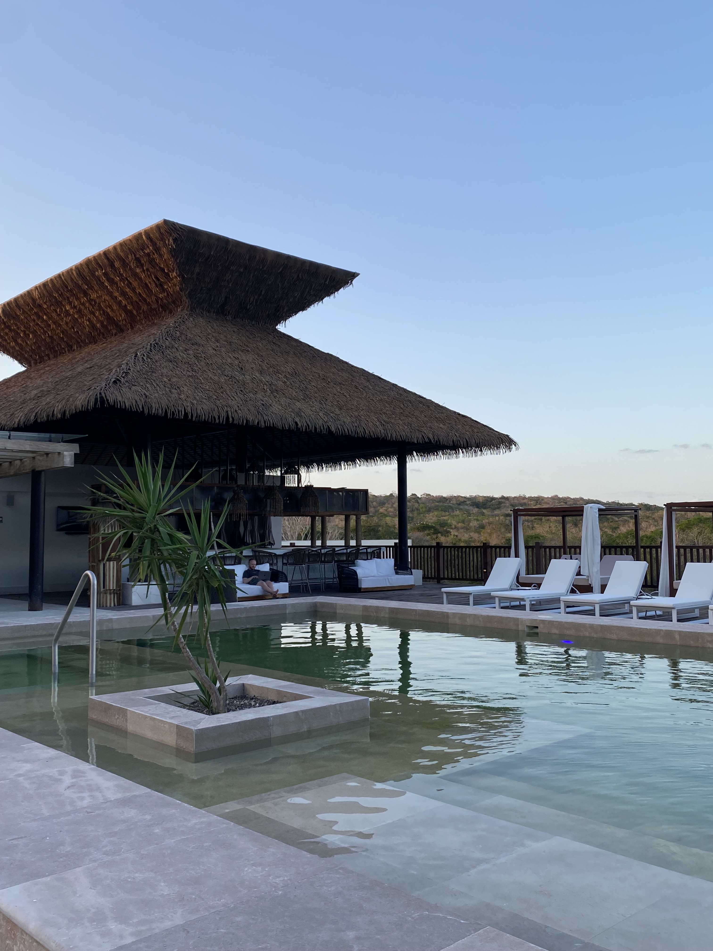 Guest sitting on a sofa using a laptop near an upstairs pool with a view of the surrounding area.