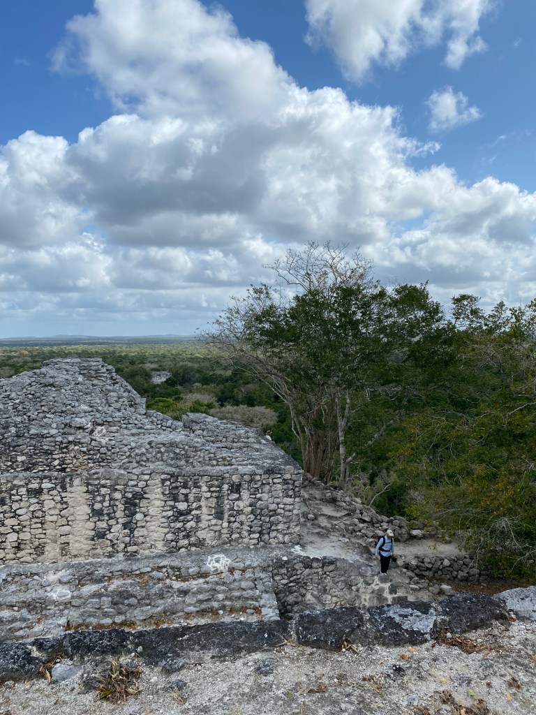Man walking along the top of ancient ruins with dense jungle surrounding the site.