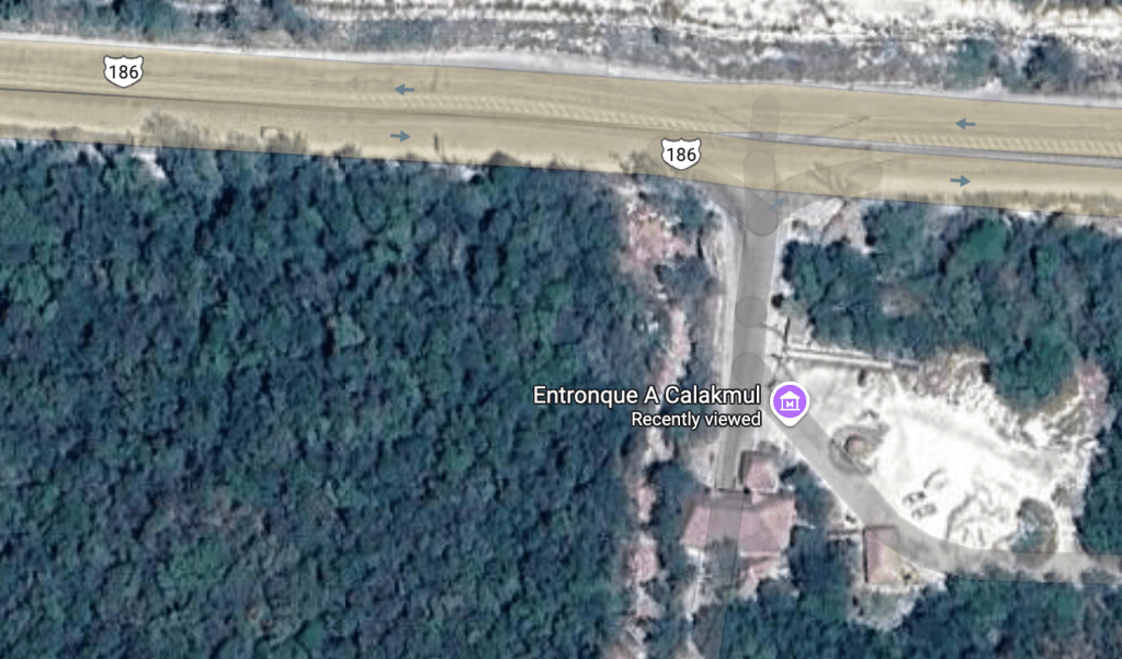 Aerial view of the entrance to Calakmul Biosphere Reserve.